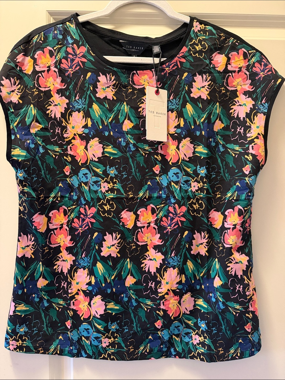 NWT Ted Baker Black Floral Cap Sleeve Top Pink & Green Accents sz 2 medium